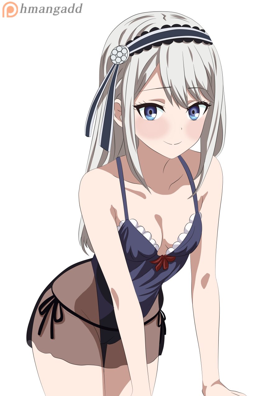 1girl absurdres black_hairband blue_eyes blue_leotard blush collarbone hairband highres hmangadd kaguya-sama_wa_kokurasetai_~tensai-tachi_no_renai_zunousen~ leaning_forward leotard long_hair looking_at_viewer patreon_logo patreon_username shirogane_kei simple_background solo white_background white_hair