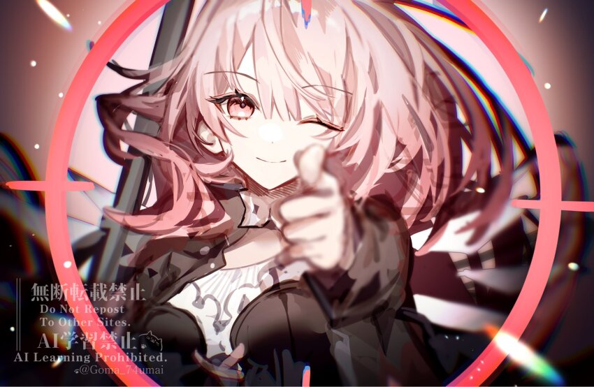 1girl arknights black_jacket commentary_request detached_wings energy_wings gomago_magoma highres jacket lemuen_(arknights) long_hair long_sleeves one_eye_closed pink_eyes pink_hair pointing pointing_at_viewer smile solo twitter_username upper_body watermark wings yellow_wings