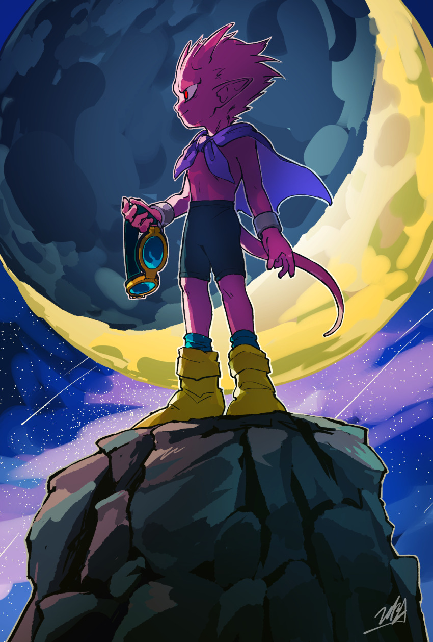 1boy aqua_socks beelzebub_(sand_land) black_shorts boots bracelet cape colored_skin commentary_request demon demon_boy doggo_1d34 floating_cape goggles highres holding holding_goggles horns light_smile looking_to_the_side male_focus moon night night_sky pink_hair pink_horns pink_skin pink_tail pointy_ears purple_cape red_eyes sand_land shooting_star short_hair shorts signature silver_bracelet sky socks solo standing_on_rock star_(sky) tail yellow_boots