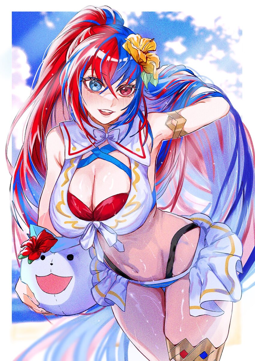 1girl akitsu_123 female_alear_(fire_emblem) bikini blue_bikini blue_eyes blue_hair breasts character_ball cleavage crossed_bangs female_alear_(fire_emblem) female_alear_(seaside_dragon)_(fire_emblem) fire_emblem fire_emblem_engage fire_emblem_heroes heterochromia highres large_breasts long_hair multicolored_clothes multicolored_hair nintendo official_alternate_costume official_alternate_hairstyle ponytail red_bikini red_eyes red_hair solo sommie_(fire_emblem) split-color_hair swimsuit two-tone_hair very_long_hair white_bikini