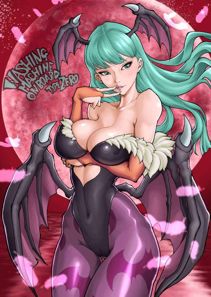 1girl animal_print bare_shoulders bat_print black_leotard breasts bridal_gauntlets cameltoe cleavage darkstalkers full_moon green_eyes green_hair head_wings highres leotard long_hair moon morrigan_aensland pantyhose purple_pantyhose red_background red_moon smile solo strapless strapless_leotard wings zerosentakuki