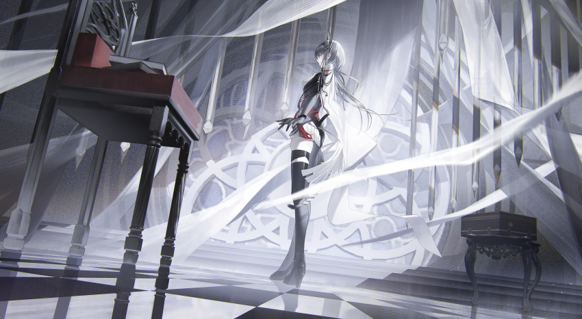 1girl absurdres arknights bare_shoulders black_hair black_pantyhose black_thighhighs book cantabile_(arknights) cape checkered_floor curtains elbow_gloves feather_hair full_body gloves hair_ornament hairclip high_heels highres indoors long_hair miniskirt pantyhose pleated_skirt short_hair single_leg_pantyhose skirt solo standing stool thighhighs tmt white_cape white_gloves white_skirt