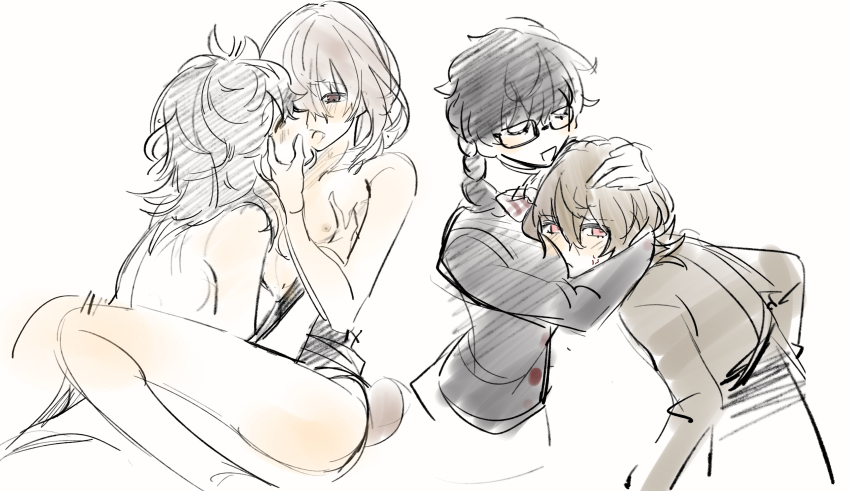 2girls absurdres akechi_gorou amamiya_ren anger_vein black-framed_eyewear black_hair blush braid breasts brown_coat brown_hair cheek-to-breast cheek_press cheek_squash coat face_to_breasts fluffy_hair french_kiss frown genderswap genderswap_(mtf) glasses grabbing_another&#039;s_breast grey_eyes groping highres kill8566594 kiss leg_lock long_hair multiple_girls nude open_clothes persona persona_5 red_eyes school_uniform short_hair shuujin_academy_school_uniform small_breasts smile tongue tongue_out twin_braids yuri