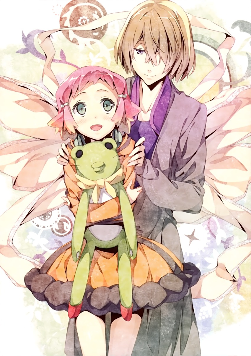 10s 1boy 1girl :d absurdres aquarion_(series) aquarion_evol brown_hair cowboy_shot dress green_eyes hair_over_one_eye highres jin_musou kantoku open_mouth orange_dress pink_hair skirt smile standing stuffed_animal stuffed_frog stuffed_toy tama_(aquarion) thigh_gap yunoha_thrul