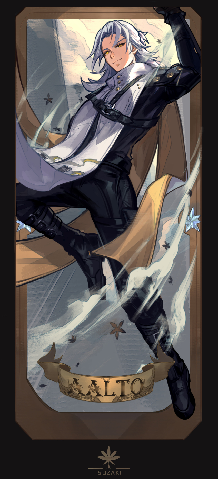 1boy aalto_(wuthering_waves) absurdres artist_logo black_pants black_shirt card_(medium) character_name closed_mouth commentary hand_up highres logo long_hair looking_at_viewer male_focus pants shirt solo steve_zheng tabard white_hair white_tabard wuthering_waves yellow_eyes