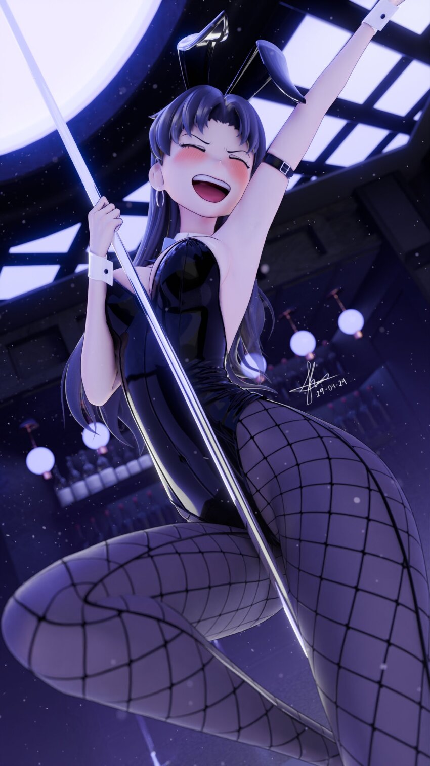 2024 3d absurdres animal_ears arm_strap armpits bar_(place) black_leotard blender_(medium) blush breasts cleavage closed_eyes covered_navel dated earrings fake_animal_ears female_focus fishnet_pantyhose fishnets highleg highleg_leotard highres hoop_earrings indoors jewelry katsuragi_misato kleymir leotard long_hair medium_breasts neon_genesis_evangelion open_mouth pantyhose playboy_bunny pole purple_hair rabbit_ears shiny_leotard signature smile solo strapless strapless_leotard stripper_pole zbrush_(medium)