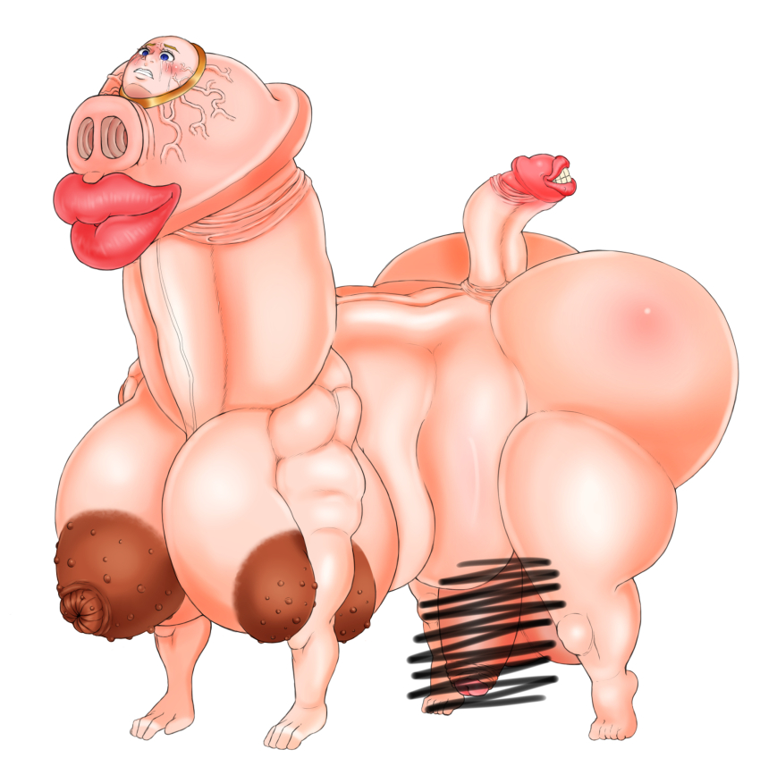 anatomical_nonsense bald big_nose blue_eyes body_horror breasts clenched_teeth colored_eyelashes convenient_censoring creature crying crying_with_eyes_open dark_areolae dorse guro highres horrified huge_penis large_areolae large_breasts large_testicles monster monster_girl monsterification penis penis_censored penis_out pig_nose pixiv queen&#039;s_stallion scared shocked_pupils stelladiaabyss tail tears teeth testicles thick_lips transformation veiny_face what white_background why wide_hips
