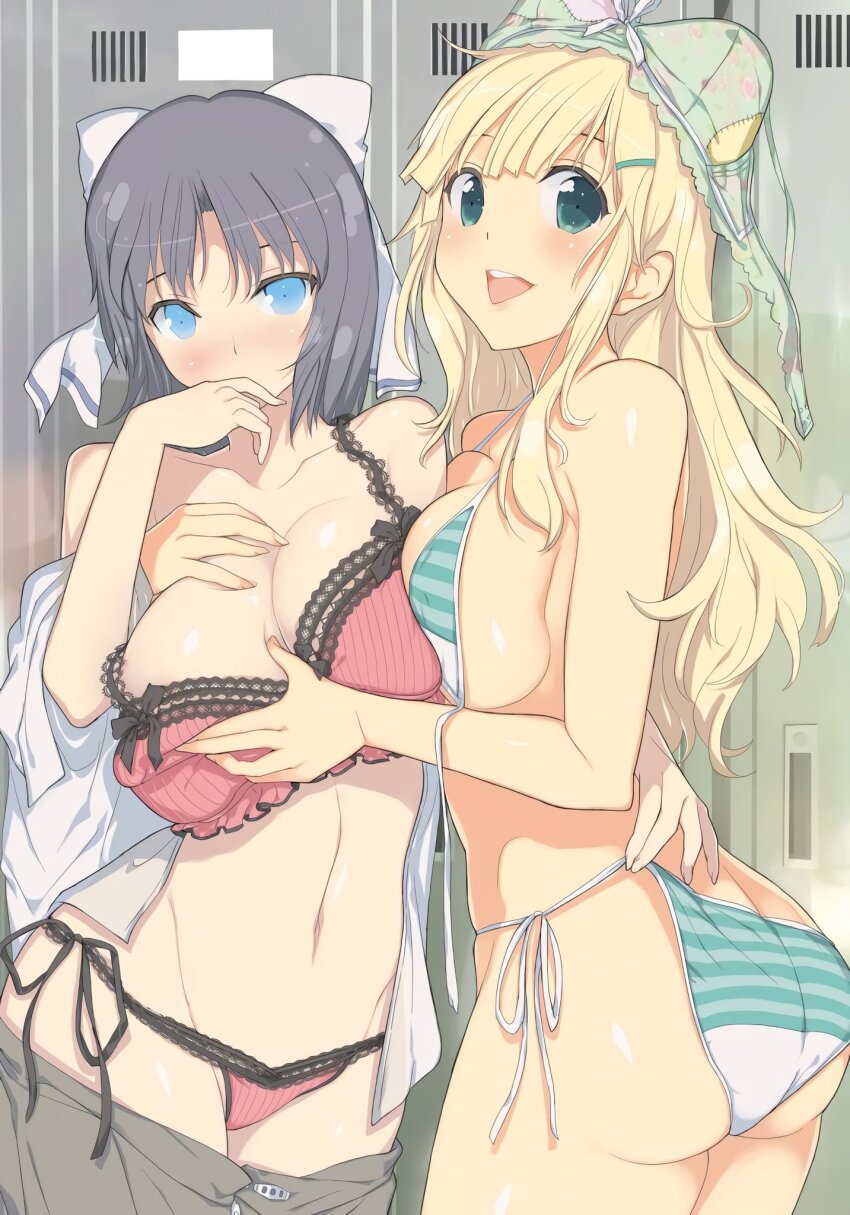 2girls arm_around_back ass asymmetrical_docking bare_shoulders blonde_hair blue_eyes blunt_bangs blush bow bow_bra bra bra_on_head bra_pull breast_press breasts butt_crack cleavage clothes_pull collarbone covering_own_mouth grabbing_another&#039;s_breast green_bra green_eyes green_panties grey_hair grey_skirt groin groping hair_bow hair_ornament hairclip highres lace lace-trimmed_bra lace-trimmed_panties lace_trim large_breasts linea_alba locker locker_room long_hair looking_at_viewer messy_hair multiple_girls navel object_on_head official_art open_clothes open_mouth open_shirt panties patch patchwork_clothes pink_bra pink_panties senran_kagura senran_kagura_shinovi_versus senran_kagura_shoujo-tachi_no_shin&#039;ei shirt short_hair side-tie_panties skirt smile standing string_panties striped_bow striped_bra striped_clothes striped_panties teeth tongue underwear underwear_only undressing undressing_another unworn_bra upper_teeth_only vertical-striped_bra vertical-striped_clothes vertical-striped_panties wardrobe_malfunction white_bow white_shirt yaegashi_nan yomi_(senran_kagura) yumi_(senran_kagura) yuri