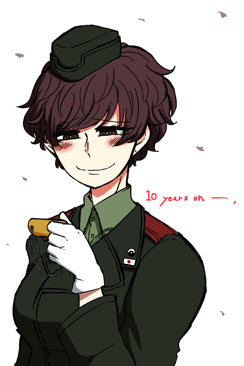 1girl absurdres aged_up akiyama_yukari black_jacket brown_eyes brown_hair closed_mouth commentary_request dog_tags dress_shirt emblem english_text girls_und_panzer gloves green_shirt half-closed_eyes highres holding jacket japanese_tankery_league_(emblem) long_sleeves military military_uniform noumen partial_commentary shirt short_hair simple_background smile solo upper_body white_background white_gloves wing_collar