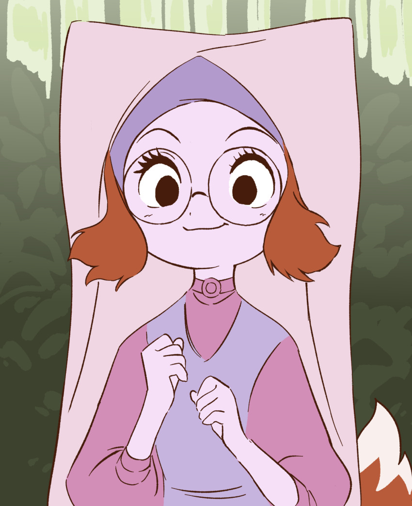 1girl animal_ear_hood animal_ears black_eyes brooch brown_hair bush fake_animal_ears forest fox_girl fox_tail glasses hands_up highres hood humanization jewelry long_sleeves maid_marian_(disney) nature orenjipiiru outdoors pink_veil robin_hood_(disney_movie) round_eyewear smile solo standing tail upper_body veil