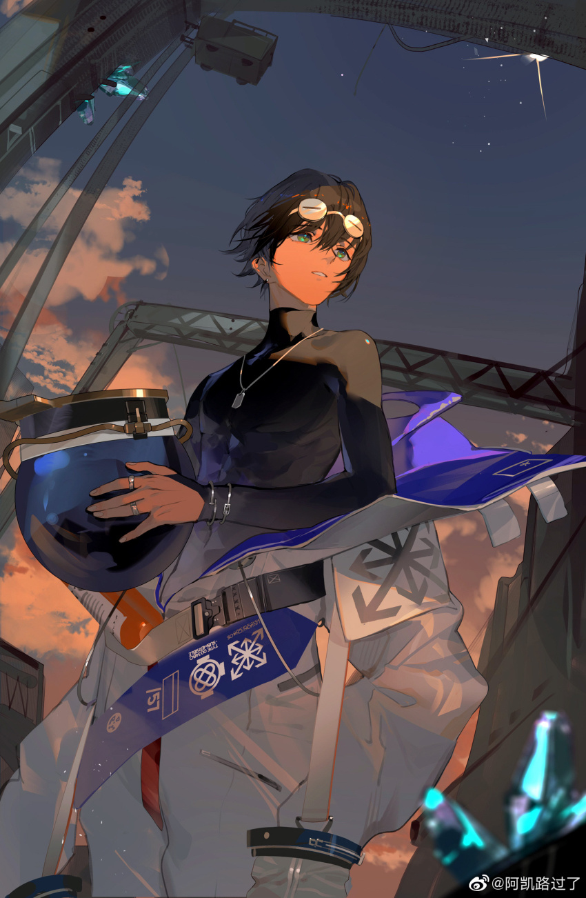 1boy absurdres akai_999 black_bodysuit black_hair bodysuit cloud cloudy_sky cowboy_shot diving_helmet diving_suit dog_tags dry_suit earrings eyewear_on_head girls&#039;_frontline girls&#039;_frontline_neural_cloud green_eyes helmet highres holding holding_helmet jewelry male_focus outdoors oxygen_tank ring short_hair sky solo star_(sky) sueyoi_(neural_cloud) watermark weibo_watermark