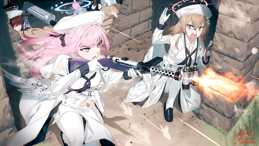 4girls belt beret binoculars blew_andwhite blonde_hair blue_archive brown_eyes brown_hair dress finger_on_trigger flower gloves grey_hair gun hair_flower hair_ornament handgun hat highres holding holding_weapon lanchester_smg m1_garand machine_gun mary_janes maxim_gun mika_(blue_archive) multiple_girls nagisa_(blue_archive) no_eyes pink_hair pouch rifle sailor_collar sandbag shoes shouting simple_background submachine_gun taking_cover tea_party_militant_(blue_archive) trigger_discipline walther walther_ppk weapon white_dress white_gloves wings yellow_eyes