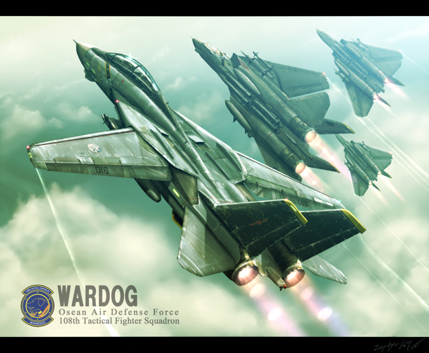 ace_combat ace_combat_5 afterburner aim-54_phoenix aim-7_sparrow aim-9_sidewinder air-to-air_missile air-to-surface_missile aircraft airplane beyond-visual-range_missile cloud cloudy_sky contrail drop_tank emblem f-14_tomcat fighter_jet glint highres military military_vehicle pilot realistic signature sky vehicle_focus wardog_squadron zephyr164