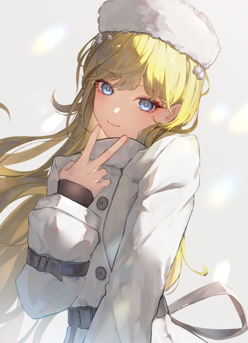 1girl alternate_costume arm_belt back_bow belt black_belt blue_eyes bow coat fur_hat green_hair hanabusa_lisa hat highres long_hair mizu_(sui) papakha simple_background smile solo upper_body v v_over_mouth virtual_youtuber vspo! white_coat