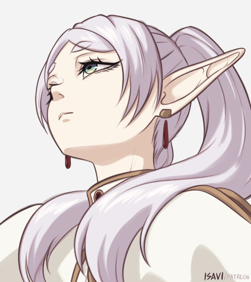 1girl artist_name capelet earrings elf expressionless eyelashes frieren gold_trim green_eyes grey_hair hair_over_shoulder highres isavi jewelry long_hair long_pointy_ears parted_bangs patreon_username pointy_ears simple_background solo sousou_no_frieren teardrop_earrings thick_eyebrows twintails twitter_username upward_angle_frieren_drawing_(meme) white_background white_capelet