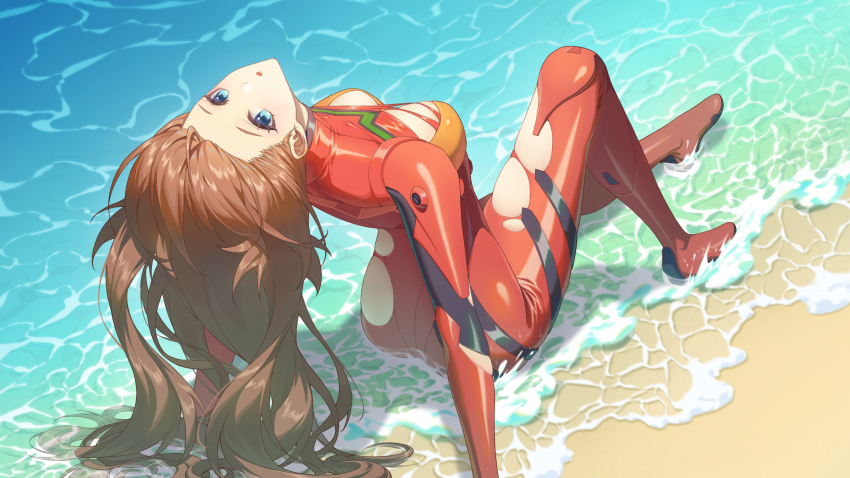 1girl arched_back arm_support ass beach blue_eyes bodysuit breasts brown_hair curvy from_above full_body head_back highres interface_headset_(evangelion) large_breasts long_hair looking_at_viewer looking_up mecha_pilot_suit neon_genesis_evangelion open_mouth outdoors plugsuit_(evangelion) red_bodysuit shiny_skin sitting solo souryuu_asuka_langley stupid_goose_man torn_bodysuit torn_clothes water wide_hips