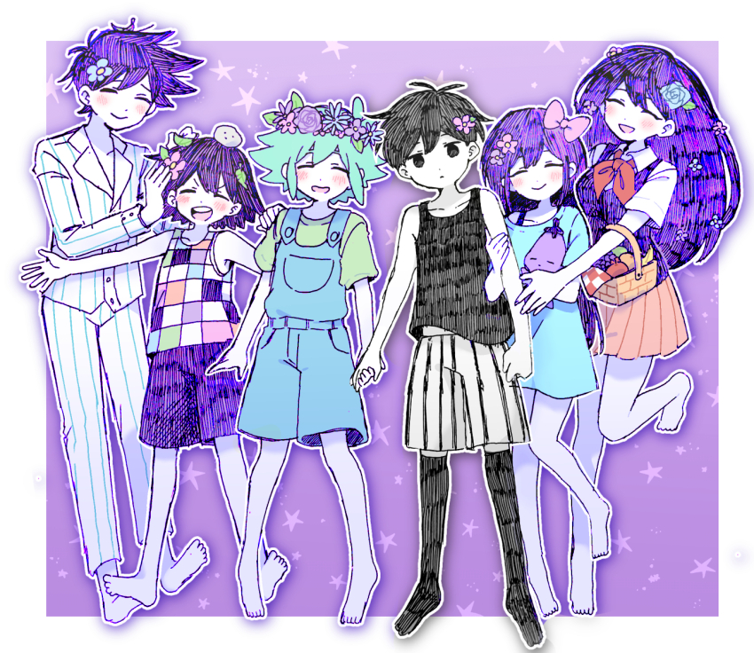 2girls 4boys :d ^_^ antenna_hair apple arms_at_sides aubrey_(headspace)_(omori) aubrey_(omori) banana bare_arms bare_shoulders barefoot basil_(headspace)_(omori) basil_(omori) basket black_eyes black_hair black_socks black_tank_top blue_dress blue_flower blue_overalls blue_rose blush border brother_and_sister brothers brown_skirt buttons checkered_clothes closed_eyes closed_mouth collarbone collared_shirt colored_skin commentary_request dot_nose double-parted_bangs dress elbow_carry empty_eyes expressionless facing_another facing_viewer flower flower_wreath food fruit full_body grapes green_hair green_shirt hair_between_eyes hair_flower hair_ornament head_wreath hector_(omori) hero_(headspace)_(omori) hero_(omori) highres holding holding_basket holding_hands holding_picnic_basket holding_stuffed_toy kel_(headspace)_(omori) kel_(omori) kneehighs knees_together_feet_apart leaf long_hair long_sleeves looking_at_viewer mari_(headspace)_(omori) mari_(omori) miniskirt mr._plantegg_(omori) multiple_boys multiple_girls neckerchief no_pupils no_shoes omori open_mouth outline outside_border overall_shorts overalls pants picnic_basket pink_flower piyosuke_(piyoneko_suke) pleated_skirt purple_background purple_flower purple_hair purple_rose purple_shorts purple_sweater_vest red_neckerchief rock rose shirt short_dress short_hair short_sleeves shorts siblings simple_background skirt smile socks standing standing_on_one_leg star_(symbol) striped_clothes striped_shorts stuffed_eggplant stuffed_toy sweater_vest tank_top teeth upper_teeth_only v-shaped_eyebrows vertical-striped_clothes vertical-striped_shorts white_border white_outline white_pants white_shirt white_shorts white_skin
