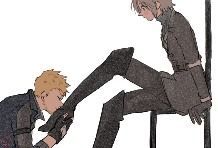 2boys black_footwear black_gloves blonde_hair blush boots chair closed_eyes commentary_request final_fantasy final_fantasy_vii final_fantasy_vii_ever_crisis fingerless_gloves glenn_lodbrok gloves green_eyes grey_hair highres holding_another&#039;s_foot jacket kissing_foot male_focus mochiko_ff7ec multiple_boys on_chair sephiroth sephiroth_(ever_crisis) short_hair sitting smile thigh_boots very_short_hair wide-eyed yaoi