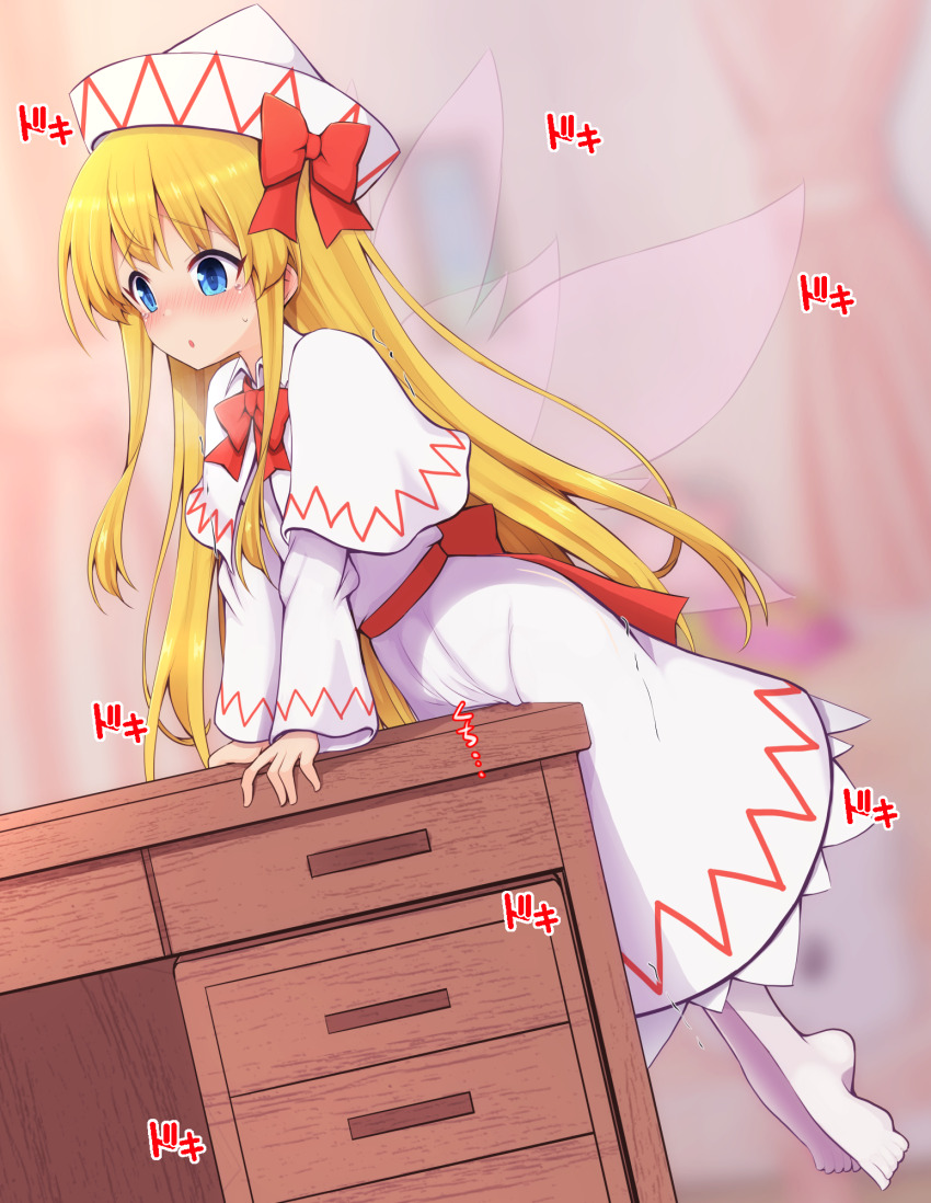 1girl barefoot blonde_hair blue_eyes blush bow crotch_rub desk dress fairy_wings female_masturbation hat highres lily_white masturbation masturbation_through_clothes red_bow solo table_humping teoi_(good_chaos) touhou white_dress wings