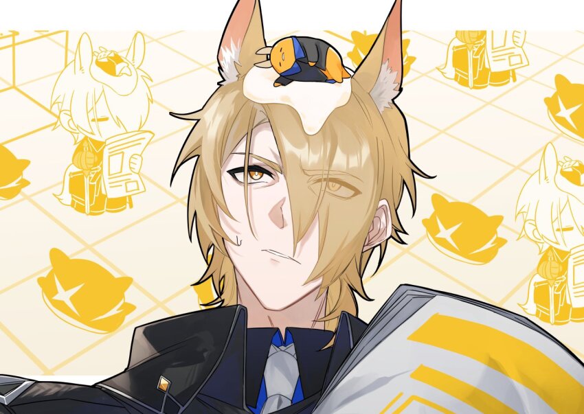1boy 1other animal animal_ear_fluff animal_ears animal_on_head annoyed arknights black_jacket blonde_hair blue_shirt chibi closed_eyes collared_shirt commentary english_commentary gudetama holding holding_newspaper horse_ears jacket looking_up mlynar_(arknights) necktie newspaper on_head originium_slug_(arknights) patterned_background sanrio shirt short_hair white_necktie yakota_(usuk-yako)
