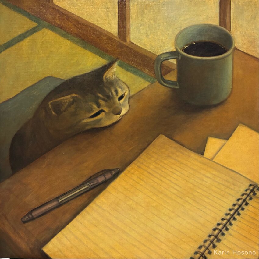 :&lt; animal animal_focus artist_name black_eyes cat closed_mouth coffee coffee_mug commentary_request cup cushion desk half-closed_eyes head_rest highres karin_hosono mug no_humans notebook original paper pen shouji slice_of_life sliding_doors spiral_notebook tabby_cat