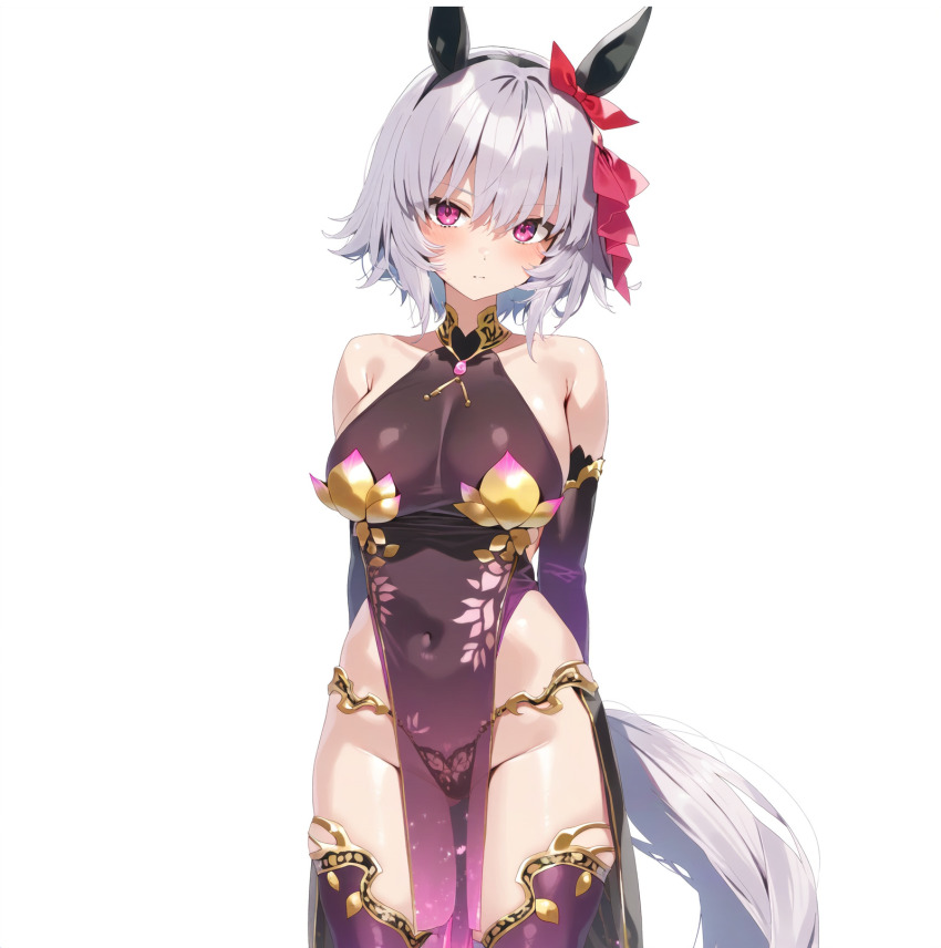 1girl alternate_costume animal_ears armor bikini_armor blush bow breasts btyuanzhang cleavage collar cosplay curren_chan_(umamusume) ear_bow ear_covers elbow_gloves fate/grand_order fate_(series) gloves grey_hair hair_between_eyes hair_ribbon highres horse_ears horse_girl horse_tail jewelry kama_(fate) kama_(fate)_(cosplay) kama_(first_ascension)_(fate) large_breasts long_hair looking_at_viewer metal_collar navel pelvic_curtain purple_eyes red_bow ribbon short_hair simple_background solo tail thighs umamusume