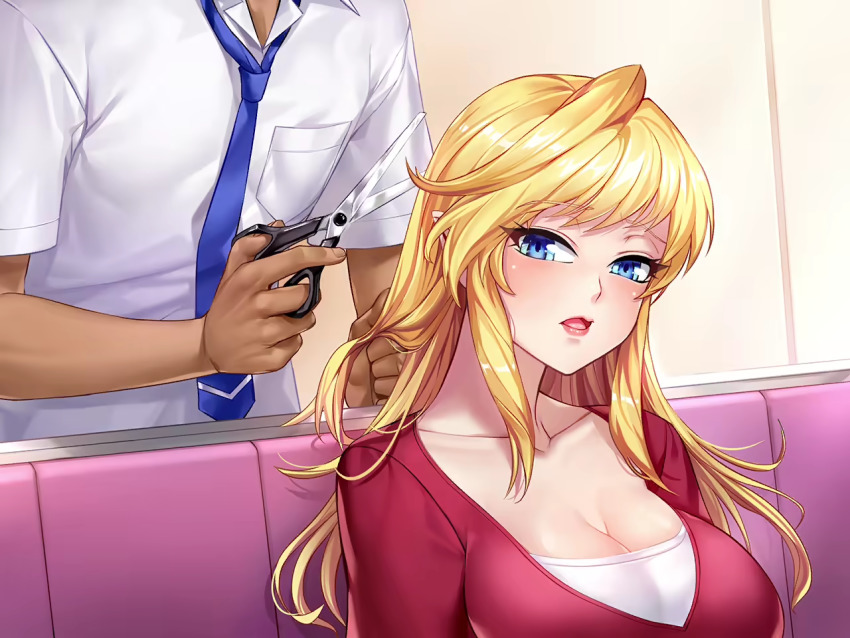1boy 1girl action_taimanin blonde_hair breasts cleavage fuuma_kotarou_(taimanin_series) game_cg large_breasts lilith-soft looking_to_the_side pointy_ears shinganji_kurenai shiny_skin sitting taimanin_(series) taimanin_kurenai zol