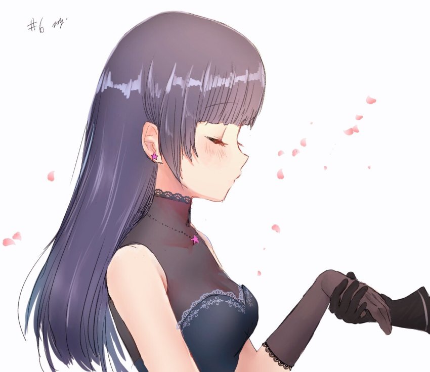 1girl bad_id bad_twitter_id bare_shoulders black_gloves black_hair blunt_bangs blush breasts cleavage closed_eyes earrings ephemer_(kingdom_hearts) gloves jewelry kingdom_hearts kingdom_hearts_unchained_x long_hair mizu_ramen necklace petals see-through_clothes simple_background skuld_(kingdom_hearts) sleeveless small_breasts solo_focus star_(symbol) star_earrings star_necklace straight_hair turtleneck white_background