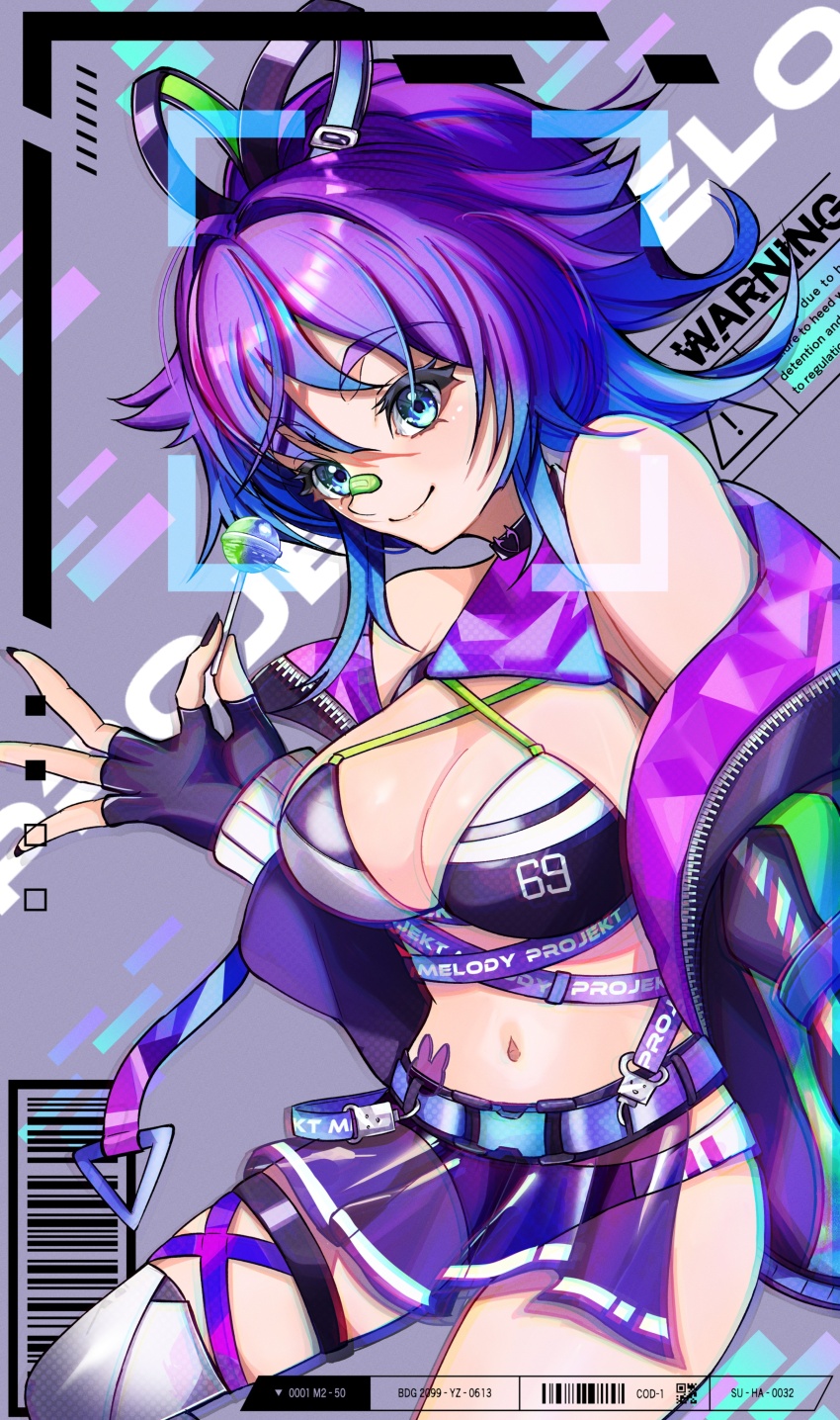 1girl absurdres bikini black_bikini blue_eyes blue_hair breasts cleavage closed_mouth fingerless_gloves gloves gummy_candy_93 highres jacket large_breasts looking_at_viewer medium_hair melody_(projektmelody) melody_(projektmelody)_(summer) multicolored_bikini multicolored_hair pink_hair ponytail purple_gloves purple_hair purple_jacket purple_skirt skirt smile solo swimsuit thigh_strap thighhighs two-tone_bikini two-tone_hair virtual_youtuber vshojo white_bikini white_thighhighs
