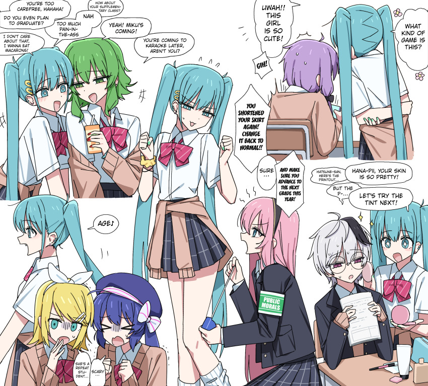 &gt;_&lt; 6+girls :3 :d absurdres arms_behind_back black_hair black_skirt blonde_hair blue_eyes blue_hair bow bowtie bright_pupils brown_cardigan cardigan cardigan_around_waist channel_(caststation) clothes_around_waist desk diagonal-striped_bow diagonal-striped_bowtie diagonal-striped_clothes flower_(vocaloid) flower_(vocaloid4) glasses green_eyes green_hair gumi gyaru hard-translated hatsune_miku highres kagamine_rin long_hair measuring megurine_luka miniskirt multicolored_hair multiple_girls narrowed_eyes non-web_source open_mouth otomachi_una pink_bow pink_bowtie plaid_clothes plaid_skirt pleated_skirt revision round_eyewear scrunchie short_hair shout_lines simple_background skirt smile streaked_hair striped_clothes third-party_edit translated triple_ryuunen twintails very_long_hair vocaloid voiceroid whispering white_background white_hair white_pupils wrist_scrunchie yuzuki_yukari