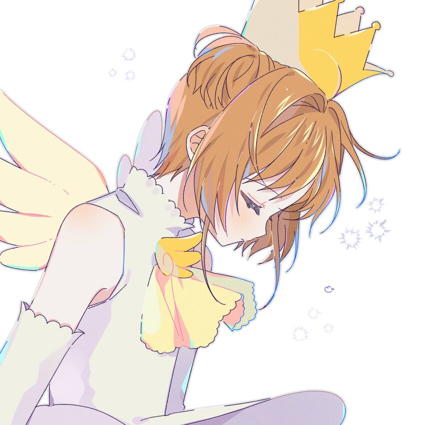 1girl bare_shoulders brown_hair cardcaptor_sakura closed_mouth commentary crown dress elbow_gloves facing_to_the_side feathered_wings gloves highres kinomoto_sakura kinomoto_sakura_(miraculous_sakura) magical_girl pointed_crown profile short_hair sleeveless sleeveless_dress solo symbol-only_commentary white_background white_dress white_gloves wings yalmyu
