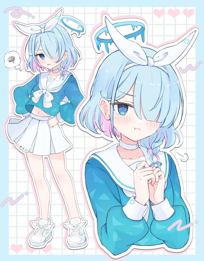 1girl arona_(blue_archive) azuki_(az_my) blue_archive blue_eyes blue_hair blue_halo blue_shirt breasts choker hair_over_one_eye halo highres medium_hair multicolored_hair navel one_eye_covered pink_hair sailor_collar school_uniform serafuku shirt skirt small_breasts thighs two-tone_hair white_choker white_sailor_collar white_skirt