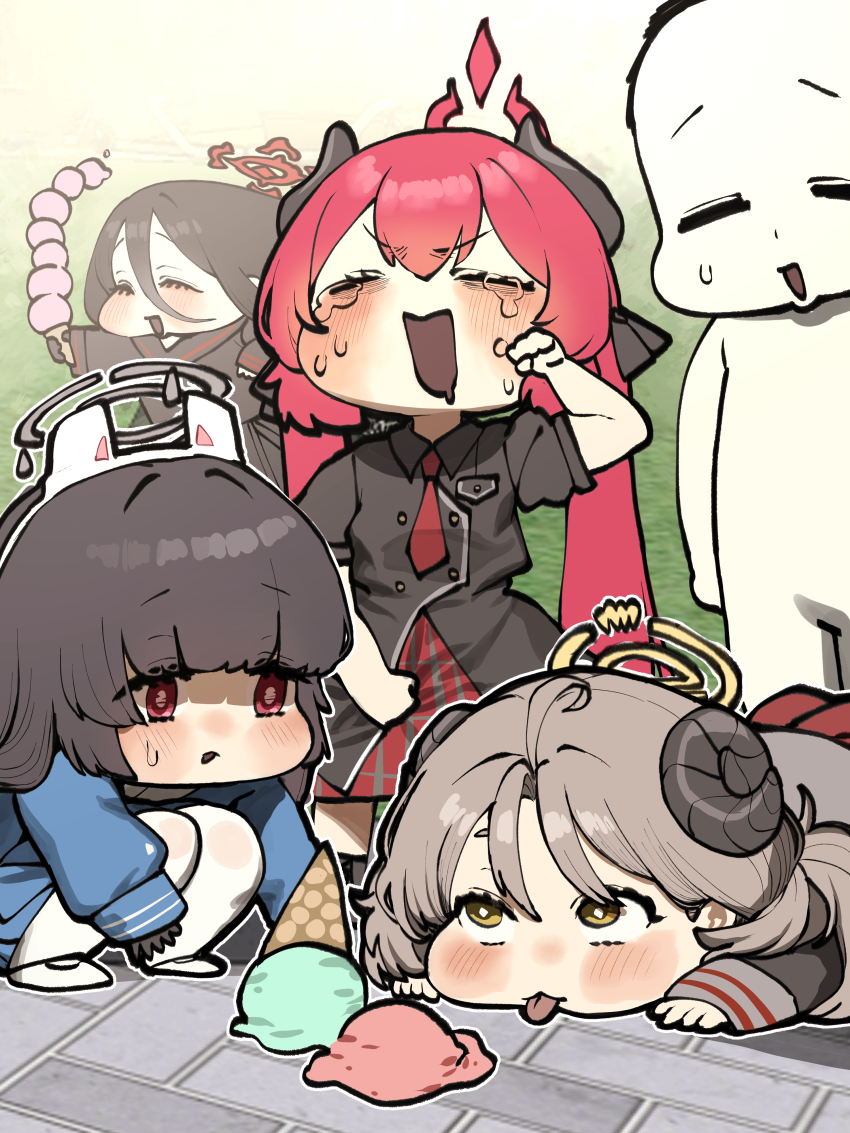 1boy 4girls absurdres accident animal_ears black_hair blue_archive blush chibi chroong commentary_request crying curled_horns demon_girl demon_horns fake_animal_ears food hair_ornament hairclip halo hasumi_(blue_archive) highres holding holding_ice_cream_cone horns ice_cream ice_cream_cone ice_cream_cone_spill ice_cream_scoop izumi_(blue_archive) junko_(blue_archive) long_hair long_sleeves miyu_(blue_archive) multiple_girls on_ground open_mouth rabbit_ears red_eyes red_hair school_uniform smile soft_serve tears tongue tongue_out too_many too_many_scoops twintails yellow_eyes