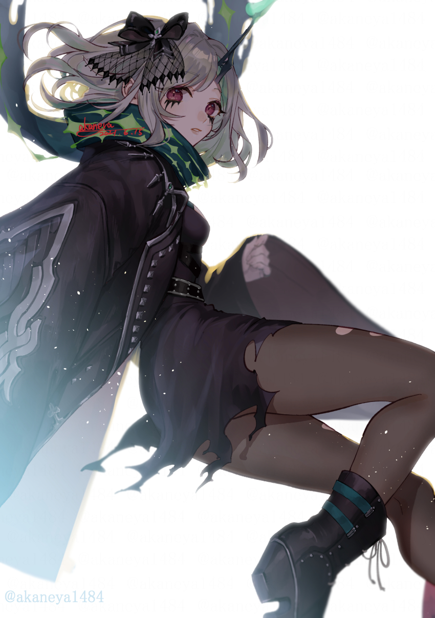 1girl absurdres ankle_boots black_dress boots bow dress facial_tattoo green_hair hair_bow hair_ornament high_heel_boots high_heels highres jacket lace-up_boots little_match_girl_(sinoalice) looking_at_viewer ojo_aa pantyhose parted_lips red_eyes scarf short_hair simple_background sinoalice solo studded_jacket tattoo teeth torn_clothes twitter_username white_background