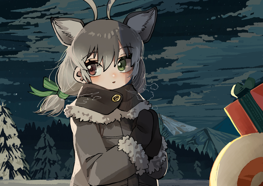 1girl absurdres adapted_costume animal_ears antlers blush bow breath brown_hair brown_mittens coat commentary deer_ears extra_ears fur_collar fur_trim gift green_bow green_eyes grey_coat hair_bow heterochromia highres horns kanmoku-san kemono_friends long_hair long_sleeves mittens multicolored_hair night night_sky red_eyes reindeer_(kemono_friends) reindeer_antlers reindeer_girl rubbing_hands_together sky snow solo symbol-only_commentary twintails upper_body white_fur white_hair winter_clothes winter_coat