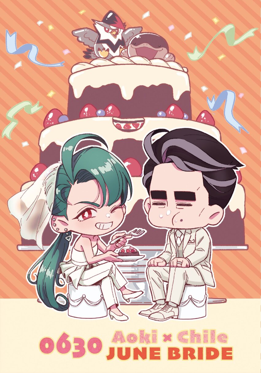 1boy 1girl bare_shoulders black_hair bridal_veil cake character_name chibi clodsire commentary_request confetti crossed_legs dated ear_piercing earrings eating eyebrows_hidden_by_hair food food_in_mouth food_on_face fork gen_4_pokemon green_hair grey_hair grey_vest grin high_heels highres holding holding_fork holding_plate husband_and_wife jacket jewelry larry_(pokemon) long_hair multicolored_hair necktie nintendo one_eye_closed pants pants_under_skirt piercing plate pokemon pokemon_sv ponytail red_eyes rika_(pokemon) shirt skirt smile staraptor strapless strapless_shirt streaked_hair suma3695 thick_eyebrows tuxedo two-tone_hair veil very_long_hair vest white_jacket white_necktie white_pants white_skirt
