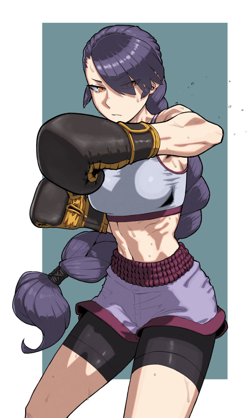 1girl abs artist_request bike_shorts boxing boxing_gloves highres ribs sweat sweatdrop tagme toned