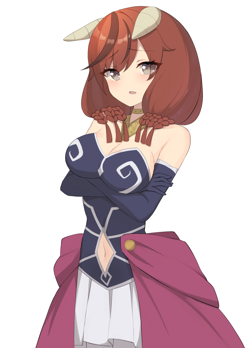 1girl absurdres alternate_hairstyle astroglia_cyte aura_(sousou_no_frieren) aura_(sousou_no_frieren)_(cosplay) black_gloves black_shirt braid breasts brown_hair cape cleavage clothing_cutout commentary cosplay cowboy_shot ear_covers ears_down elbow_gloves gloves grey_eyes highres horse_girl light_frown looking_at_viewer medium_breasts medium_hair miniskirt navel_cutout nice_nature_(umamusume) open_mouth pleated_skirt purple_cape shirt simple_background skirt solo sousou_no_frieren standing strapless strapless_shirt umamusume waist_cape white_background white_skirt