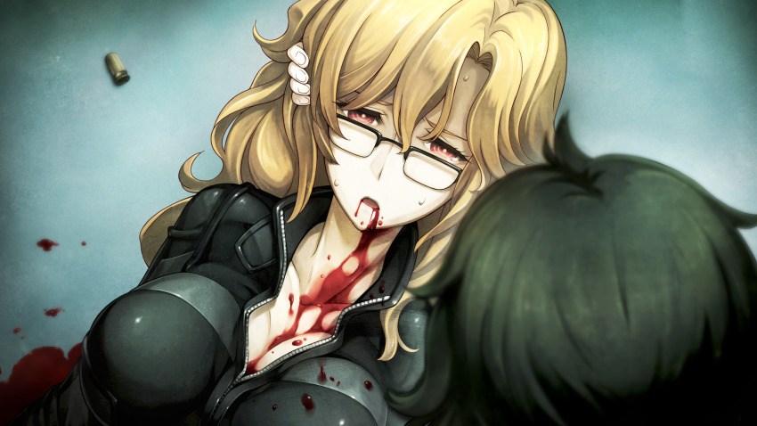 2015 2girls belt black-framed_eyewear black_belt black_hair blonde_hair blood blood_from_mouth blood_on_breasts blood_on_face bodysuit breasts bullet cleavage collarbone dying from_above from_behind game_cg glasses gloves hair_between_eyes highres hiyajou_maho huke jitome kiryuu_moeka large_breasts latex latex_bodysuit latex_gloves leather_belt long_hair lying messy_hair multiple_girls narrowed_eyes non-web_source official_art on_back open_mouth partially_unzipped pink_eyes pool_of_blood red_eyes sad semi-rimless_eyewear shell_casing skin_tight spoilers steins;gate steins;gate_0 sweatdrop tongue