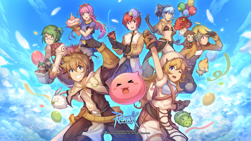 &gt;_&lt; 3boys 4girls :3 acolyte_(ragnarok_online) angeling animal animal_on_head archer_(ragnarok_online) backpack bag balloon belt bikini bikini_top_only bird bird_on_head black-framed_eyewear black_hairband blonde_hair blue_eyes blue_hair blue_shirt blue_sky bow brown_bag brown_bikini brown_bow brown_capelet brown_eyes brown_gloves brown_hair brown_jacket brown_pants brown_shirt brown_shorts brown_skirt bug cake candle capelet cassock caterpillar chick closed_mouth cloud commentary_request confetti eggshell_hat elbow_gloves fabre feathers feet_out_of_frame filir_(ragnarok_online) food glasses gloves green_hair grin hair_bow hairband holding holding_sword holding_weapon jacket kunknee long_hair long_sleeves looking_at_viewer lunatic_(ragnarok_online) mage_(ragnarok_online) merchant_(ragnarok_online) monkey multiple_boys multiple_girls novice_(ragnarok_online) on_head one_eye_closed one_side_up open_mouth pants party_popper pelvic_curtain picky_(ragnarok_online) pink_hair pipe_in_mouth poring raccoon ragnarok_online red_eyes red_hair shirt short_hair short_sleeves shorts showgirl_skirt shrug_(clothing) skirt sky slime_(creature) smile smokie_(ragnarok_online) smoking_pipe spore_(ragnarok_online) swimsuit sword swordsman_(ragnarok_online) thief_(ragnarok_online) v weapon white_capelet yoyo_(ragnarok_online)