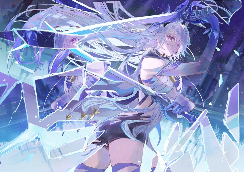 1girl absurdres back_fin bare_shoulders black_unitard broken_glass closed_mouth cowboy_shot dual_wielding elbow_gloves from_side genshin_impact glass glass_shards gloves gradient_gloves grey_hair hair_between_eyes hair_ornament highres holding holding_sword holding_weapon iiumiarts long_hair looking_at_viewer pink_eyes reflection sideways_glance skirk_(genshin_impact) solo star_(sky) starry_sky_background sword very_long_hair weapon