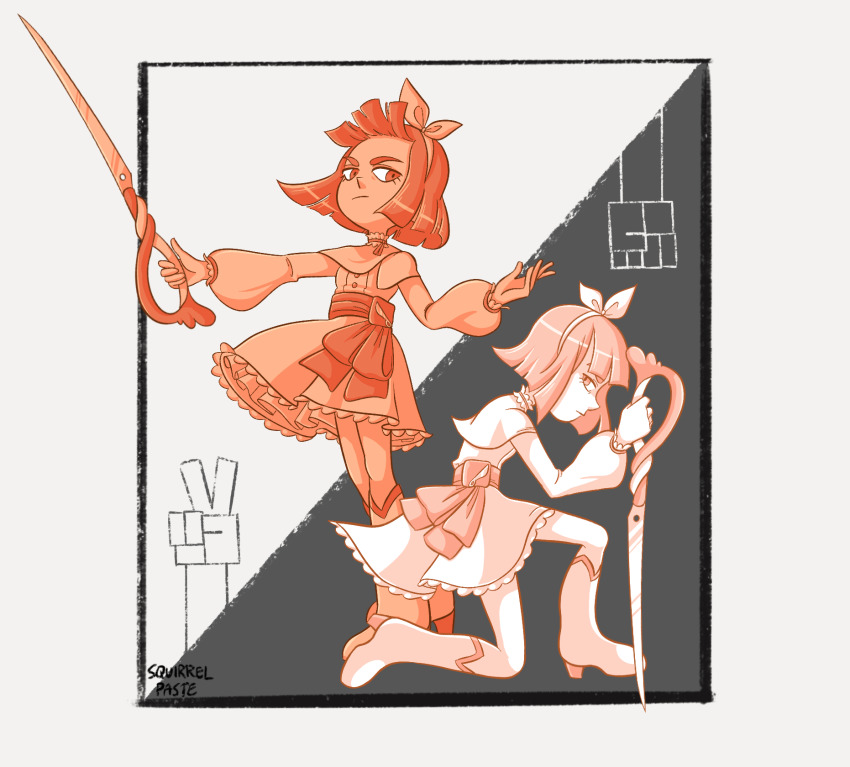 1girl artist_name boots bow cassidy_(sleepless_domain) colored_skin flash_cut hair_bow highres holding holding_weapon knee_boots kneeling long_sleeves on_one_knee orange_eyes orange_skin puffy_long_sleeves puffy_sleeves red_bow red_eyes short_hair simple_background skirt sleepless_domain squirrelpaste standing two-tone_background weapon white_skin white_skirt