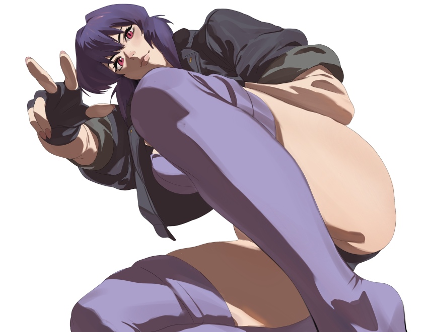 1girl commentary cyborg fingerless_gloves from_below ghost_in_the_shell gloves highres jacket kusanagi_motoko leotard purple_hair red_eyes short_hair simple_background solo taiyang_yu white_background