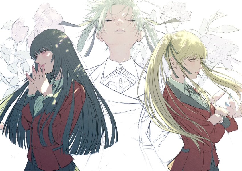 3girls absurdres black_hair black_ribbon blazer blonde_hair blue_nails braid braided_hair_rings closed_mouth collared_shirt commentary_request crossed_arms dappled_sunlight facing_viewer flower hair_ribbon hair_rings highres hyakkaou_academy_school_uniform jabami_yumeko jacket kakegurui lapels long_sleeves looking_ahead momobami_kirari multiple_girls nail_polish own_hands_together partially_colored pink_eyes red_jacket ribbon saotome_mary school_uniform shirt ssk06150 steepled_fingers straight_hair sunlight twintails upper_body white_hair wing_collar yellow_eyes