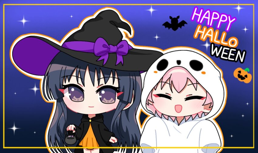 2girls :d ^_^ arm_at_side assault_lily bat_(animal) black_cloak black_hair blue_background blush chibi cloak closed_eyes closed_mouth commentary cowboy_shot dress facing_viewer ghost_costume gradient_background halloween halloween_bucket halloween_costume hand_up hands_up happy_halloween hitotsuyanagi_riri holding hood hood_down hood_up hooded_cloak inset_border jack-o&#039;-lantern long_hair long_sleeves looking_at_viewer multiple_girls open_mouth orange_dress orange_outline outline outside_border pink_hair purple_eyes shirai_yuyu short_hair sidelocks sleeves_past_fingers sleeves_past_wrists smile sparkle standing symbol-only_commentary white_cloak white_outline yui_(yui1115_)