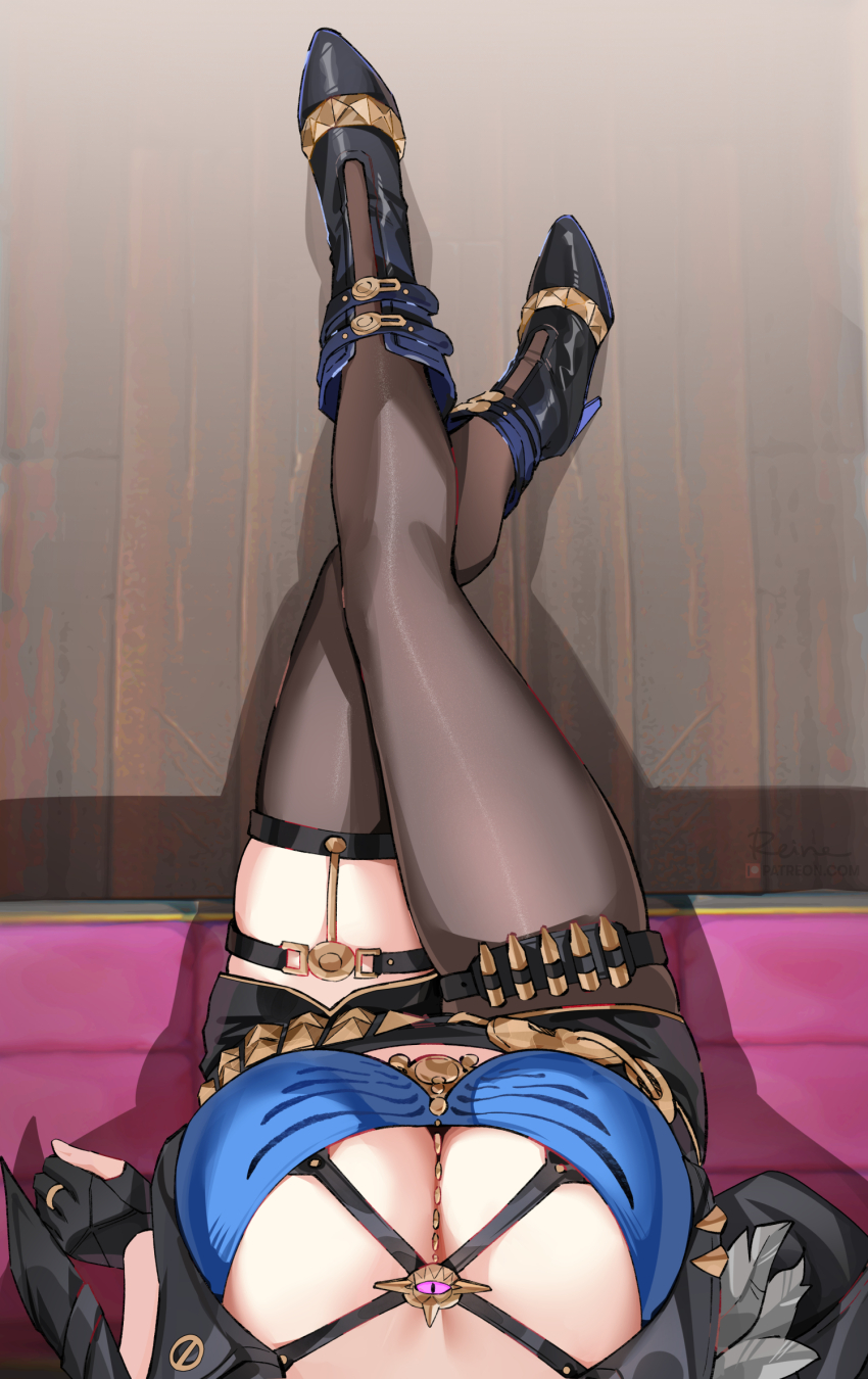 1girl black_boots black_gloves black_jacket black_pantyhose black_shorts black_thighhighs blue_bra boots bra breasts cleavage commentary crossed_legs female_pov foxyreine from_above galbrena_(wuthering_waves) gloves high_heel_boots high_heels highres jacket large_breasts pantyhose partially_fingerless_gloves pov shorts signature single_leg_pantyhose single_thighhigh sitting skindentation solo thigh_strap thighhighs thighs underwear wooden_floor wuthering_waves