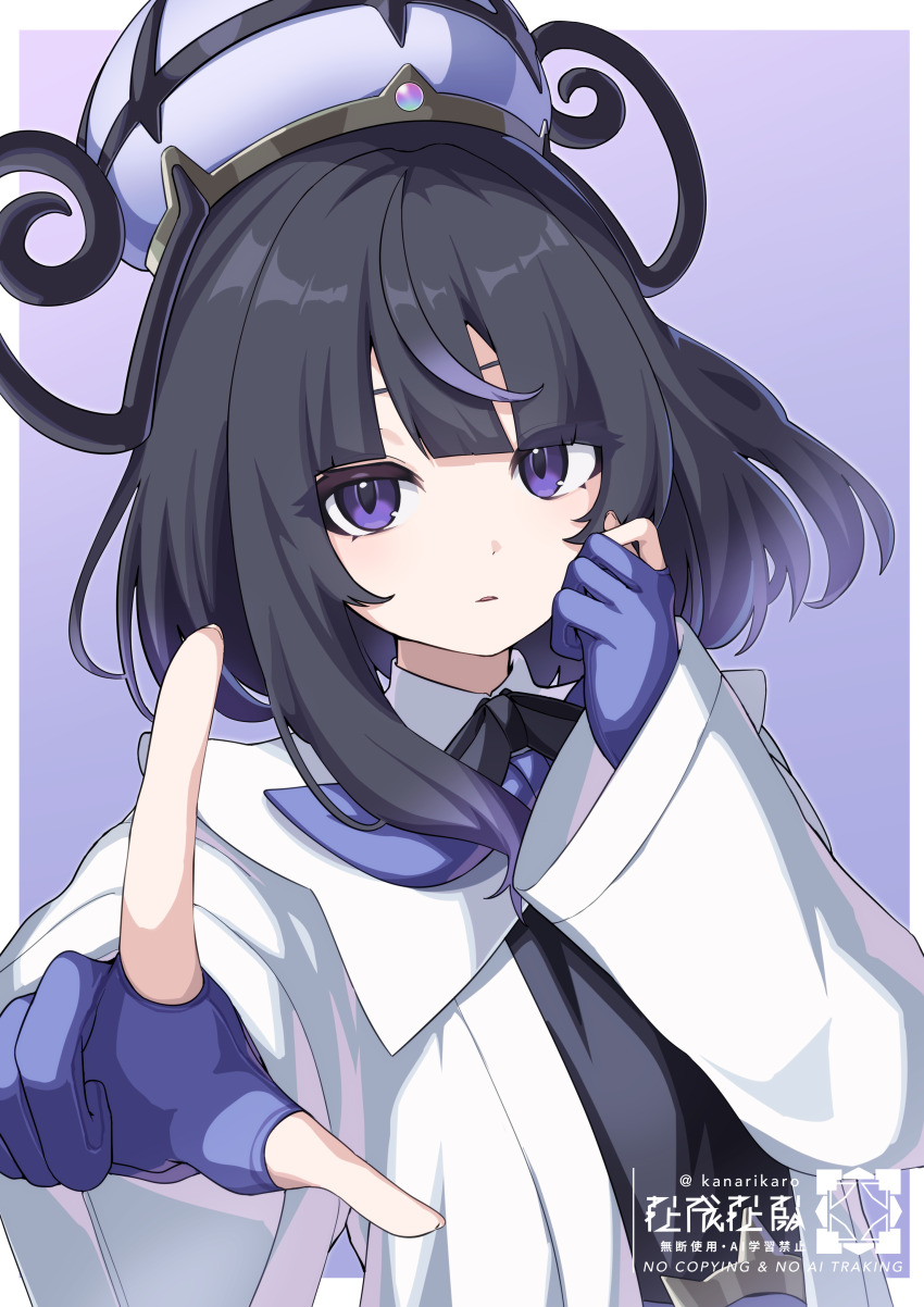 1girl absurdres black_dress black_hair black_ribbon blunt_bangs coat commentary_request dress gloves gwynn_(pokemon) hat highres kanarikaro long_hair long_sleeves looking_at_viewer neck_ribbon nintendo open_clothes open_coat partially_fingerless_gloves pointing pokemon pokemon_legends:_z-a purple_background purple_eyes ribbon solo upper_body watermark white_coat