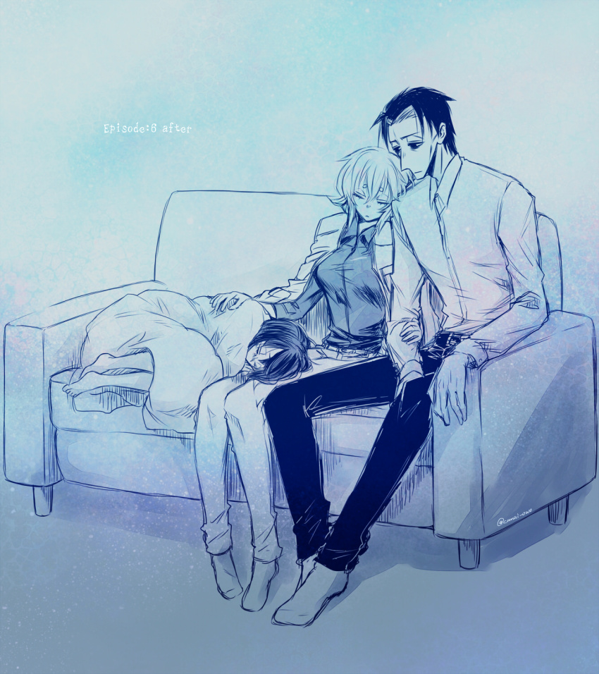 1boy 2girls asama_hirotaka black_hair blonde_hair child collared_shirt comforting couch curled_up hand_on_another&#039;s_back highres horror_(theme) inubousaki_shioi komachi_shun multiple_girls nikubami_honegishimi on_couch runarica0914 shirt sleeping sleeping_on_person under_covers