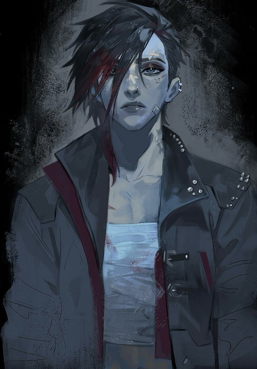 1girl arcane:_league_of_legends arcane_vi bandage_on_face bandages chest_sarashi earclip face_piercing facial_tattoo highres hong_3740 jacket league_of_legends looking_at_viewer nose_piercing open_clothes open_jacket piercing sarashi short_hair solo studded_jacket tattoo vi_(league_of_legends)