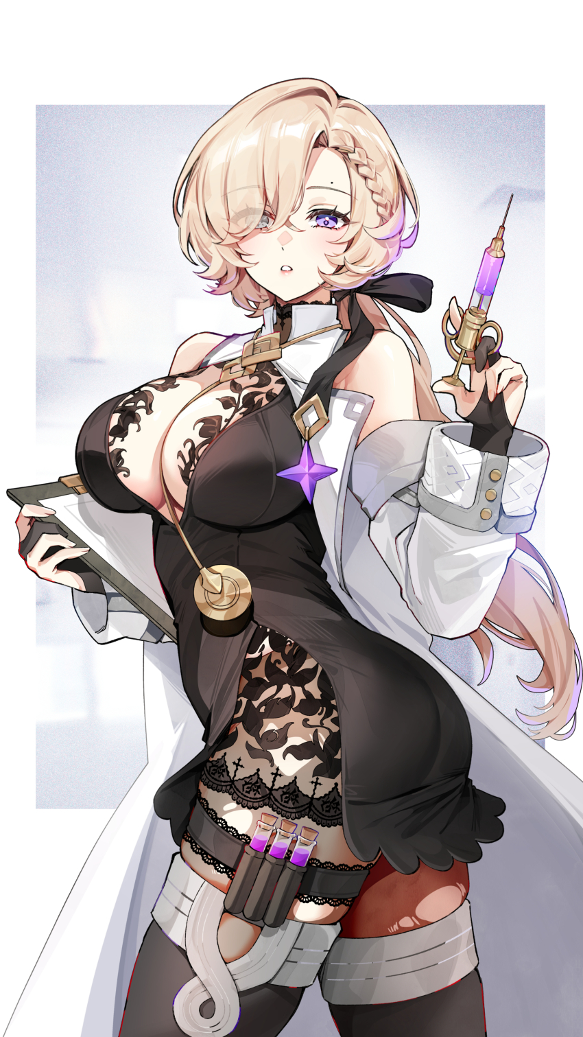 1girl absurdres ass bare_shoulders black_bridal_gauntlets black_dress blonde_hair braid braided_bangs breasts bridal_gauntlets cleavage clipboard coat commentary coronis_(stella_sora) detached_sleeves dress duplicate foxyreine highres holding holding_clipboard holding_syringe holster large_breasts long_hair looking_at_viewer low_ponytail mole mole_above_eye multicolored_hair pantyhose pixel-perfect_duplicate ponytail purple_eyes purple_streaks sleeveless sleeveless_coat solo stella_sora stethoscope streaked_hair syringe test_tube thigh_holster torn_clothes torn_pantyhose twisted_torso very_long_hair white_coat